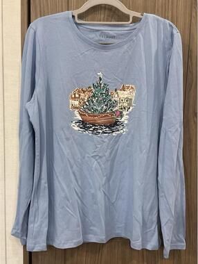 NWT Talbots Womens Long Sleeve Round Neck Blue Christmas Tree Tee Size L